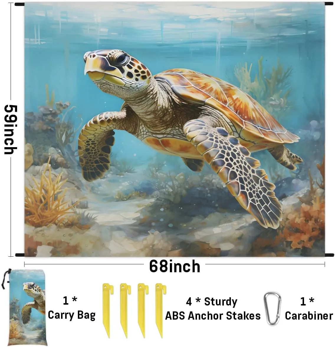 Beach Blanket, Turtle Sandproof Beach Mat, Waterproof Quick Drying Sand Free Mat with 4 x Ground Spikes for Outdoor Travel Camping Hiking, Turtle 68 x 59 in