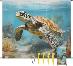 Beach Blanket, Turtle Sandproof Beach Mat, Waterproof Quick Drying Sand Free Mat with 4 x Ground Spikes for Outdoor Travel Camping Hiking, Turtle 68 x 59 in