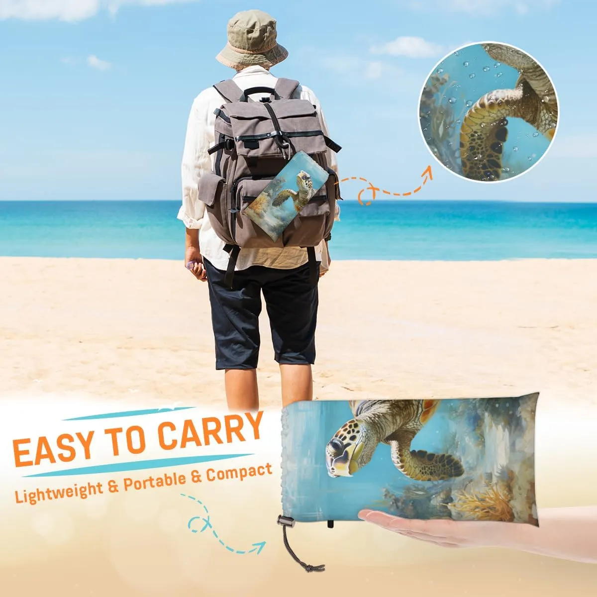 Beach Blanket, Turtle Sandproof Beach Mat, Waterproof Quick Drying Sand Free Mat with 4 x Ground Spikes for Outdoor Travel Camping Hiking, Turtle 68 x 59 in