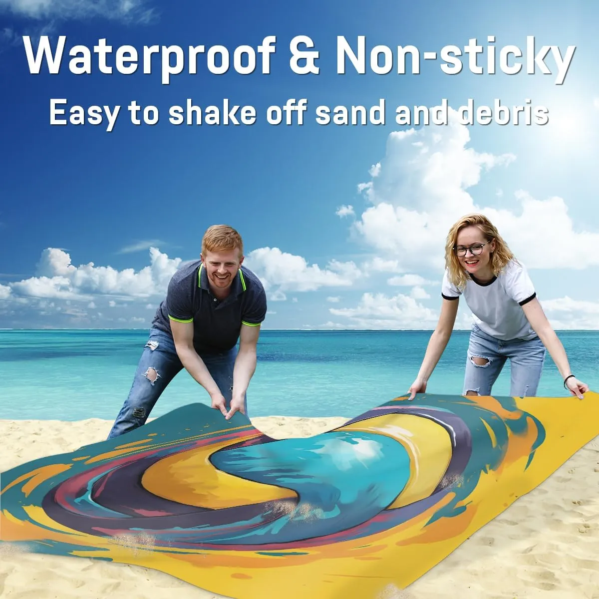 Beach Blanket, Volleyball Sandproof Beach Mat, Waterproof Quick Drying Sand Free Mat with 4 x Ground Spikes for Outdoor Travel Camping Hiking, Sports Volleyball 68 x 59 in