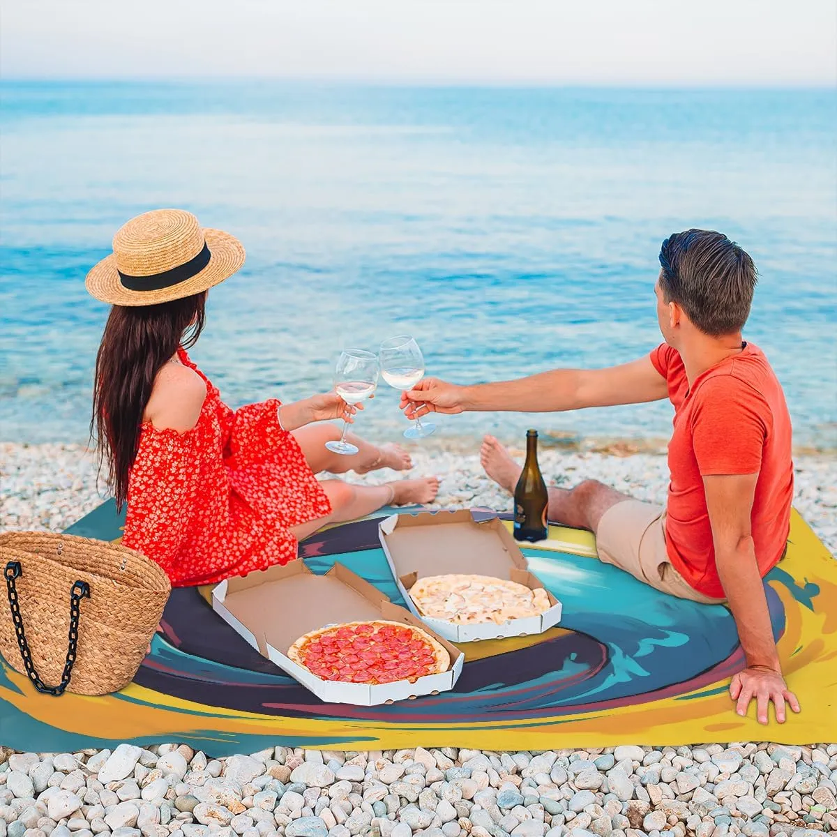 Beach Blanket, Volleyball Sandproof Beach Mat, Waterproof Quick Drying Sand Free Mat with 4 x Ground Spikes for Outdoor Travel Camping Hiking, Sports Volleyball 68 x 59 in