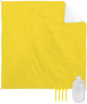 Beach Blanket Waterproof Sandproof 108”x84”, Solid Plain Yellow Color Oversized Beach Mat with 4 Corner Sand Pocket & 4 Stakes, Outdoor Picnic Mat for Camping Travel