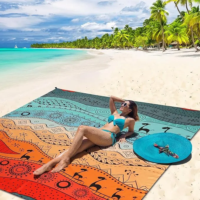 Beach Blanket Waterproof Sandproof Beach Mat 79" X 83" /10'x9' for 2-8 Adults Quick Drying Outdoor Picnic Mat Beach Accessories for Travel, Camping, Hiking