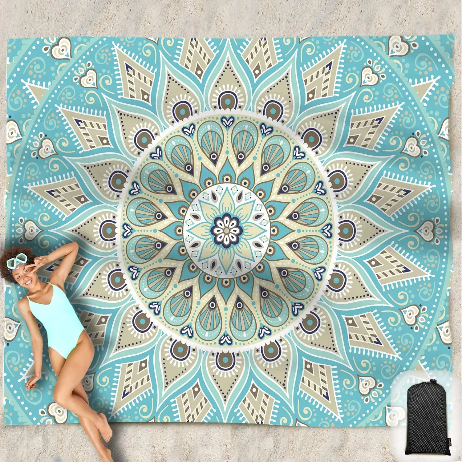 Beach Blanket Waterproof Sandproof Oversized 95”x 80”,Sand Free Beach Mat with Corner Pockets,Portable Mesh Bag for Beach Festival,Picnic,Travel and Outdoor Camping (Tealish Green)