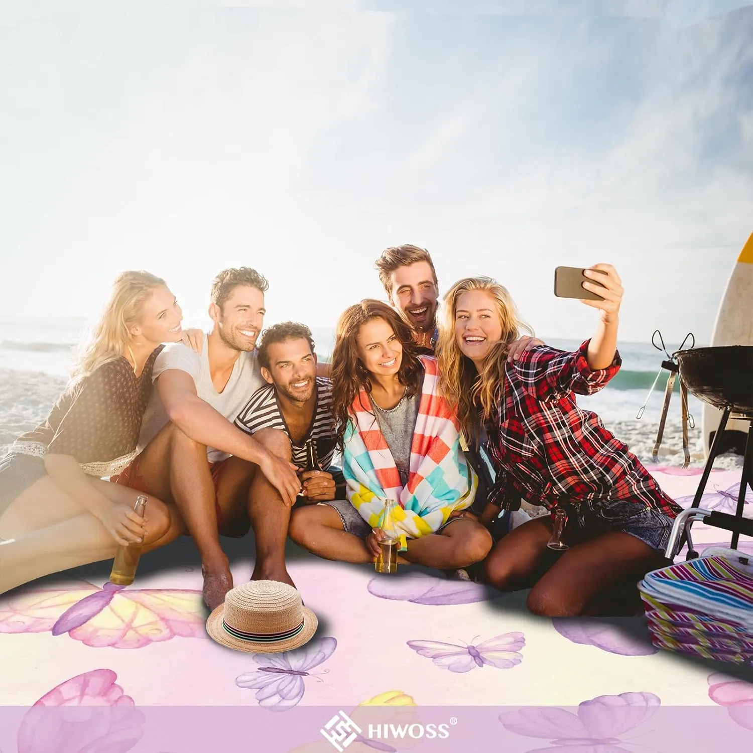 Beach Blanket Waterproof Sandproof Oversized 95”x 80”,Sand Free Beach Mat with Corner Pockets,Portable Mesh Bag for Travel and Outdoor Camping (Dreamsea) (DreamyButterfly)