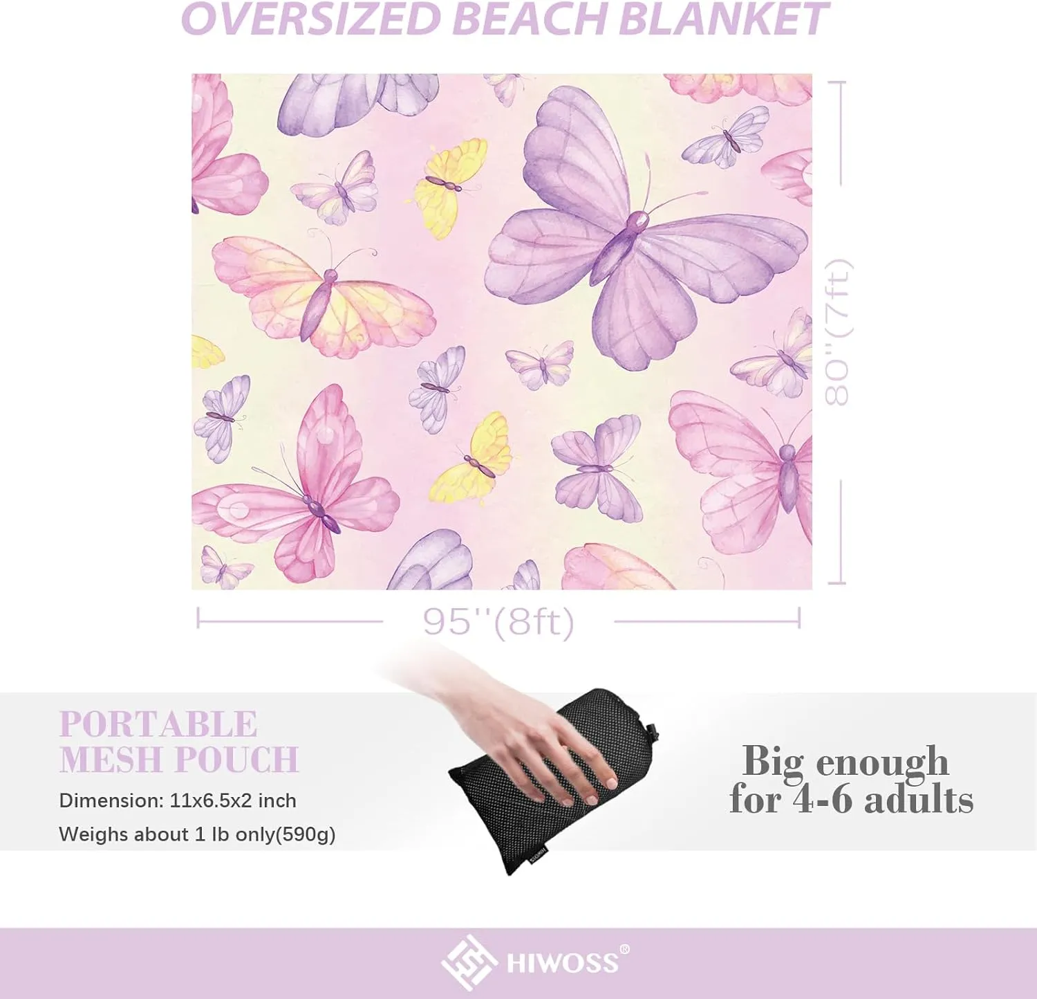 Beach Blanket Waterproof Sandproof Oversized 95”x 80”,Sand Free Beach Mat with Corner Pockets,Portable Mesh Bag for Travel and Outdoor Camping (Dreamsea) (DreamyButterfly)