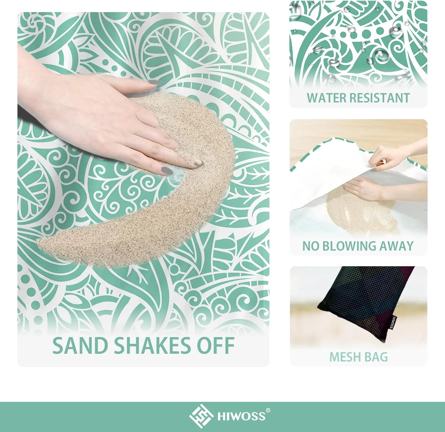 Beach Blanket Waterproof Sandproof Oversized 95”x 80”,Sand Free Beach Mat with Corner Pockets,Portable Mesh Bag (Green)