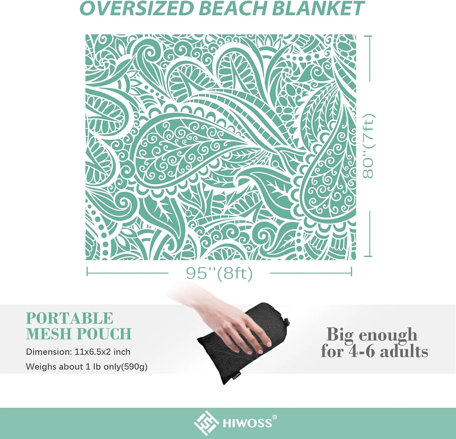 Beach Blanket Waterproof Sandproof Oversized 95”x 80”,Sand Free Beach Mat with Corner Pockets,Portable Mesh Bag (Green)
