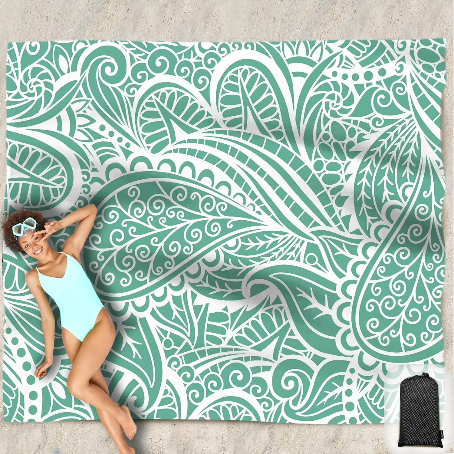 Beach Blanket Waterproof Sandproof Oversized 95”x 80”,Sand Free Beach Mat with Corner Pockets,Portable Mesh Bag (Green)