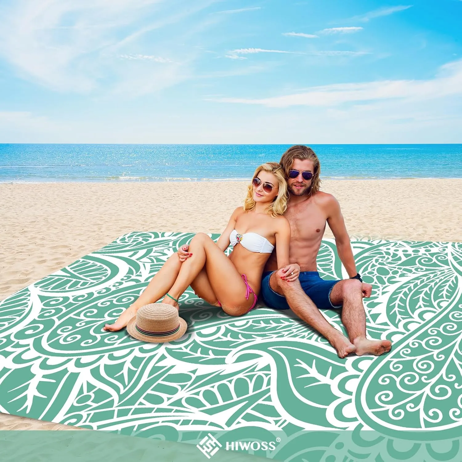 Beach Blanket Waterproof Sandproof Oversized 95”x 80”,Sand Free Beach Mat with Corner Pockets,Portable Mesh Bag (Green)