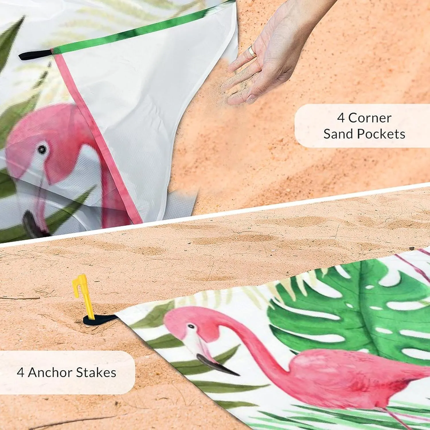 Beach Blanket Waterproof Sandproof - Oversized Flamingo Beach Mat for 6-8 Adults - 118x110 Inches Lightweight Windproof Picnic Blanket - 4 Corner Pockets Camp Blanket for Outdoor Travel Hiking