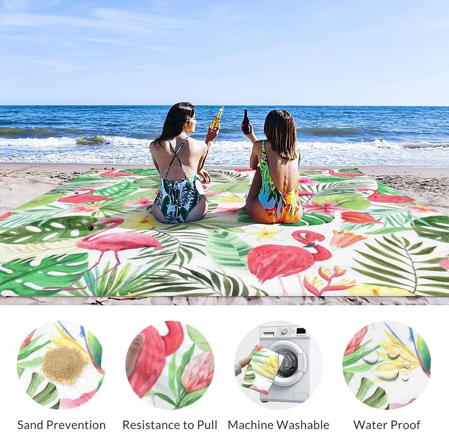 Beach Blanket Waterproof Sandproof - Oversized Flamingo Beach Mat for 6-8 Adults - 118x110 Inches Lightweight Windproof Picnic Blanket - 4 Corner Pockets Camp Blanket for Outdoor Travel Hiking