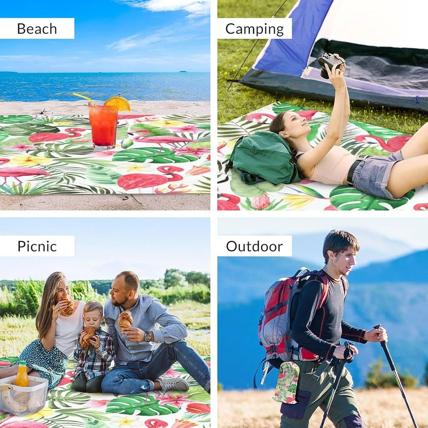 Beach Blanket Waterproof Sandproof - Oversized Flamingo Beach Mat for 6-8 Adults - 118x110 Inches Lightweight Windproof Picnic Blanket - 4 Corner Pockets Camp Blanket for Outdoor Travel Hiking