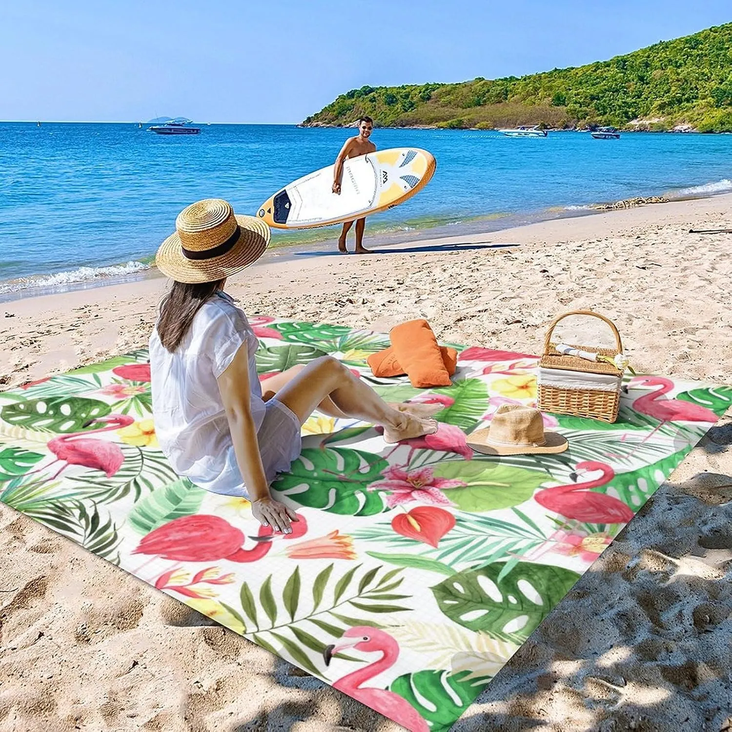 Beach Blanket Waterproof Sandproof - Oversized Flamingo Beach Mat for 6-8 Adults - 118x110 Inches Lightweight Windproof Picnic Blanket - 4 Corner Pockets Camp Blanket for Outdoor Travel Hiking
