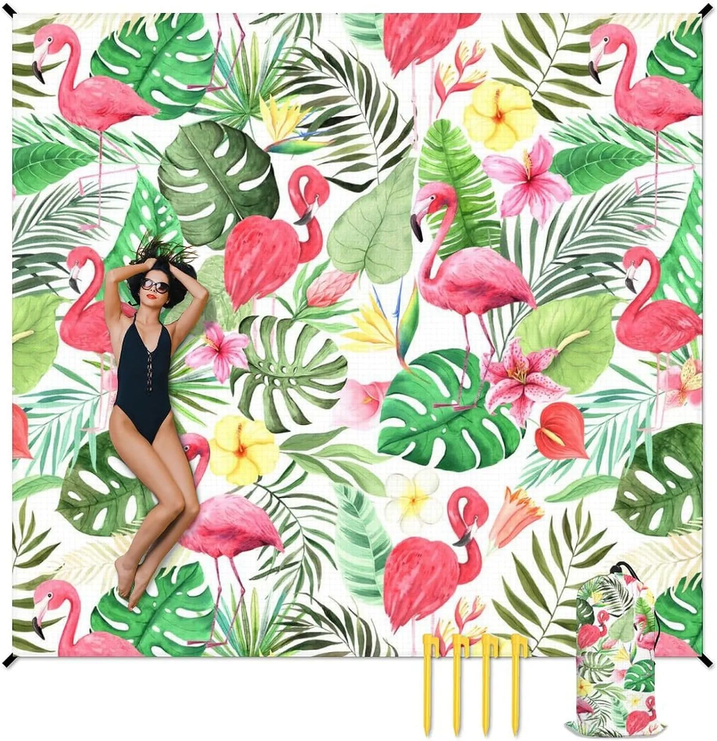 Beach Blanket Waterproof Sandproof - Oversized Flamingo Beach Mat for 6-8 Adults - 118x110 Inches Lightweight Windproof Picnic Blanket - 4 Corner Pockets Camp Blanket for Outdoor Travel Hiking