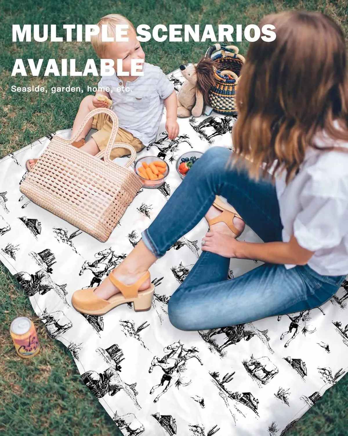 Beach Blanket Waterproof Sandproof Oversized,Retro Black Western Cowboy Horse Beach Mat with Corner Stakes Sand Pockets,Abstract Desert Cactus Outdoor Picnic Mat for Travel Camping Hiking,95x80In