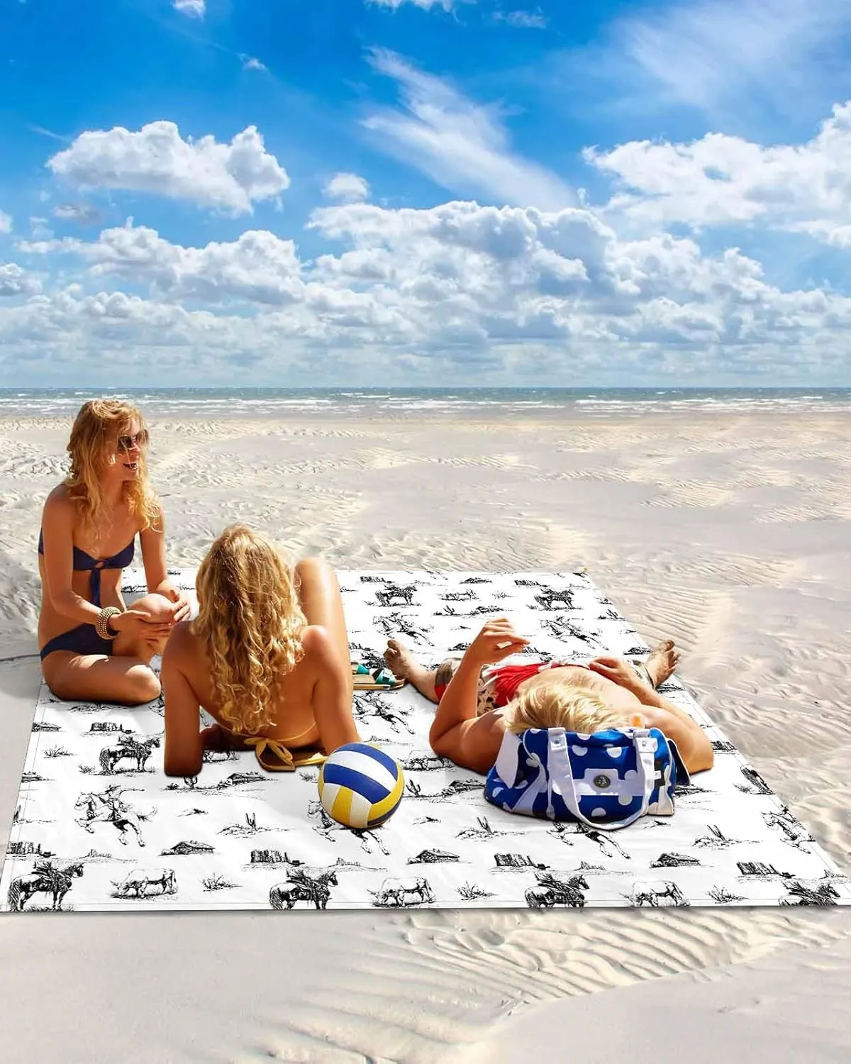 Beach Blanket Waterproof Sandproof Oversized,Retro Black Western Cowboy Horse Beach Mat with Corner Stakes Sand Pockets,Abstract Desert Cactus Outdoor Picnic Mat for Travel Camping Hiking,95x80In