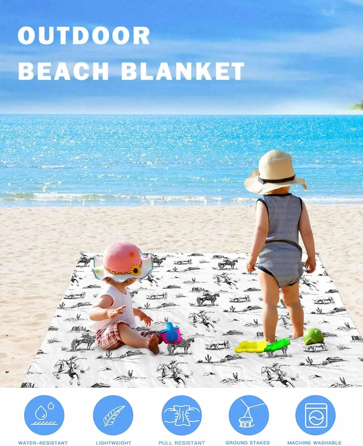Beach Blanket Waterproof Sandproof Oversized,Retro Black Western Cowboy Horse Beach Mat with Corner Stakes Sand Pockets,Abstract Desert Cactus Outdoor Picnic Mat for Travel Camping Hiking,95x80In