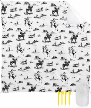 Beach Blanket Waterproof Sandproof Oversized,Retro Black Western Cowboy Horse Beach Mat with Corner Stakes Sand Pockets,Abstract Desert Cactus Outdoor Picnic Mat for Travel Camping Hiking,95x80In