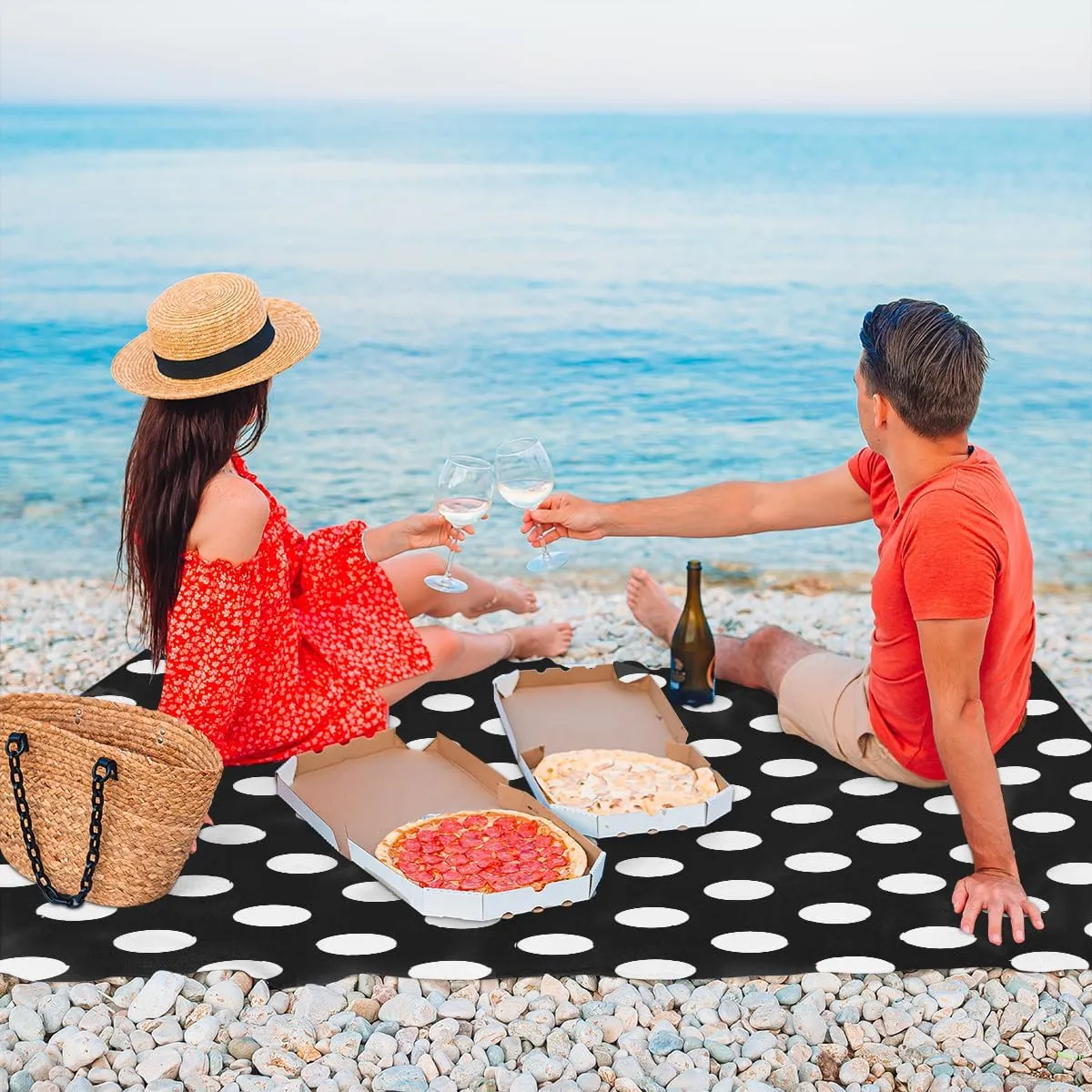 Beach Blanket, White Polka Dot Sandproof Beach Mat, Waterproof Quick Drying Sand Free Mat with 4 x Ground Spikes for Outdoor Travel Camping Hiking, Polka Dot 68 x 59 in