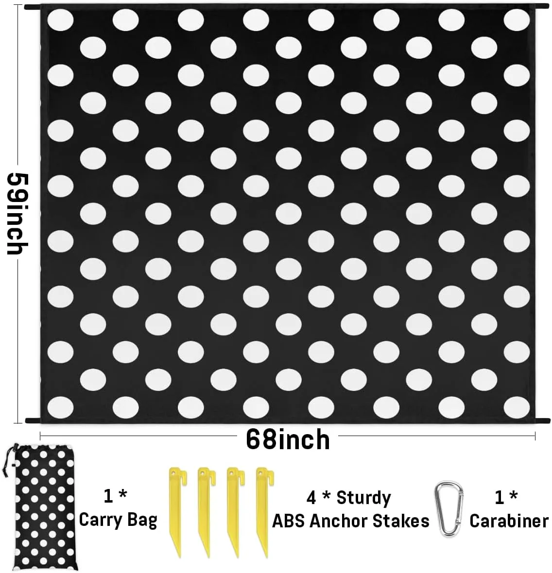 Beach Blanket, White Polka Dot Sandproof Beach Mat, Waterproof Quick Drying Sand Free Mat with 4 x Ground Spikes for Outdoor Travel Camping Hiking, Polka Dot 68 x 59 in