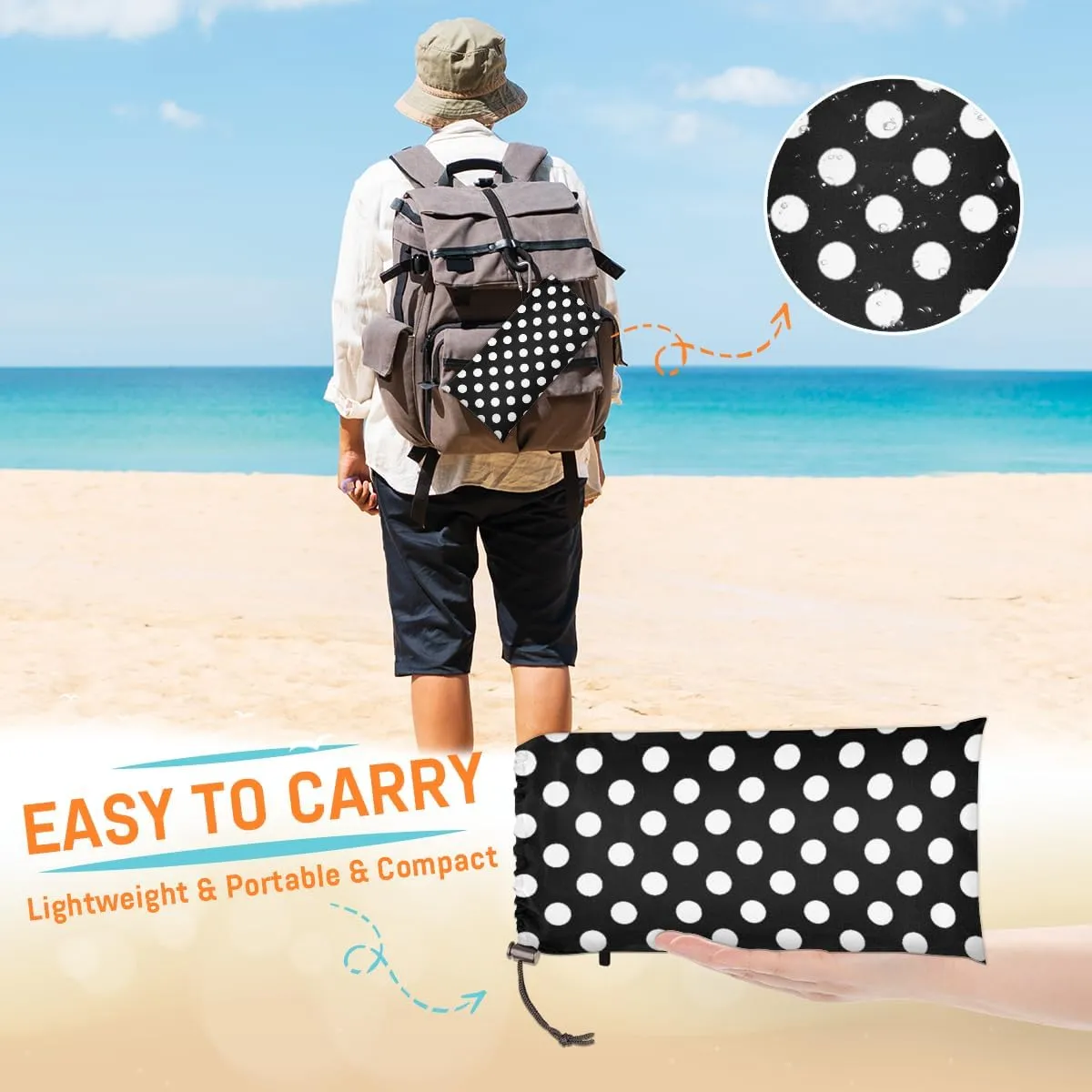 Beach Blanket, White Polka Dot Sandproof Beach Mat, Waterproof Quick Drying Sand Free Mat with 4 x Ground Spikes for Outdoor Travel Camping Hiking, Polka Dot 68 x 59 in