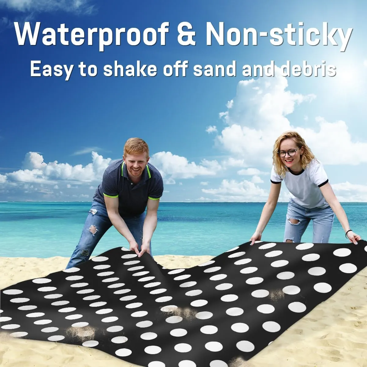 Beach Blanket, White Polka Dot Sandproof Beach Mat, Waterproof Quick Drying Sand Free Mat with 4 x Ground Spikes for Outdoor Travel Camping Hiking, Polka Dot 68 x 59 in