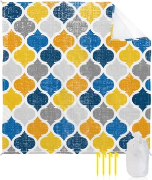 Beach Blanket, Yellow Indigo Grey Geometric Sandproof Waterproof Outdoor Mat Quick Drying Beach Accessories for Vacation Holiday Picnic Camping, 79"x83" for 1-4 Adults