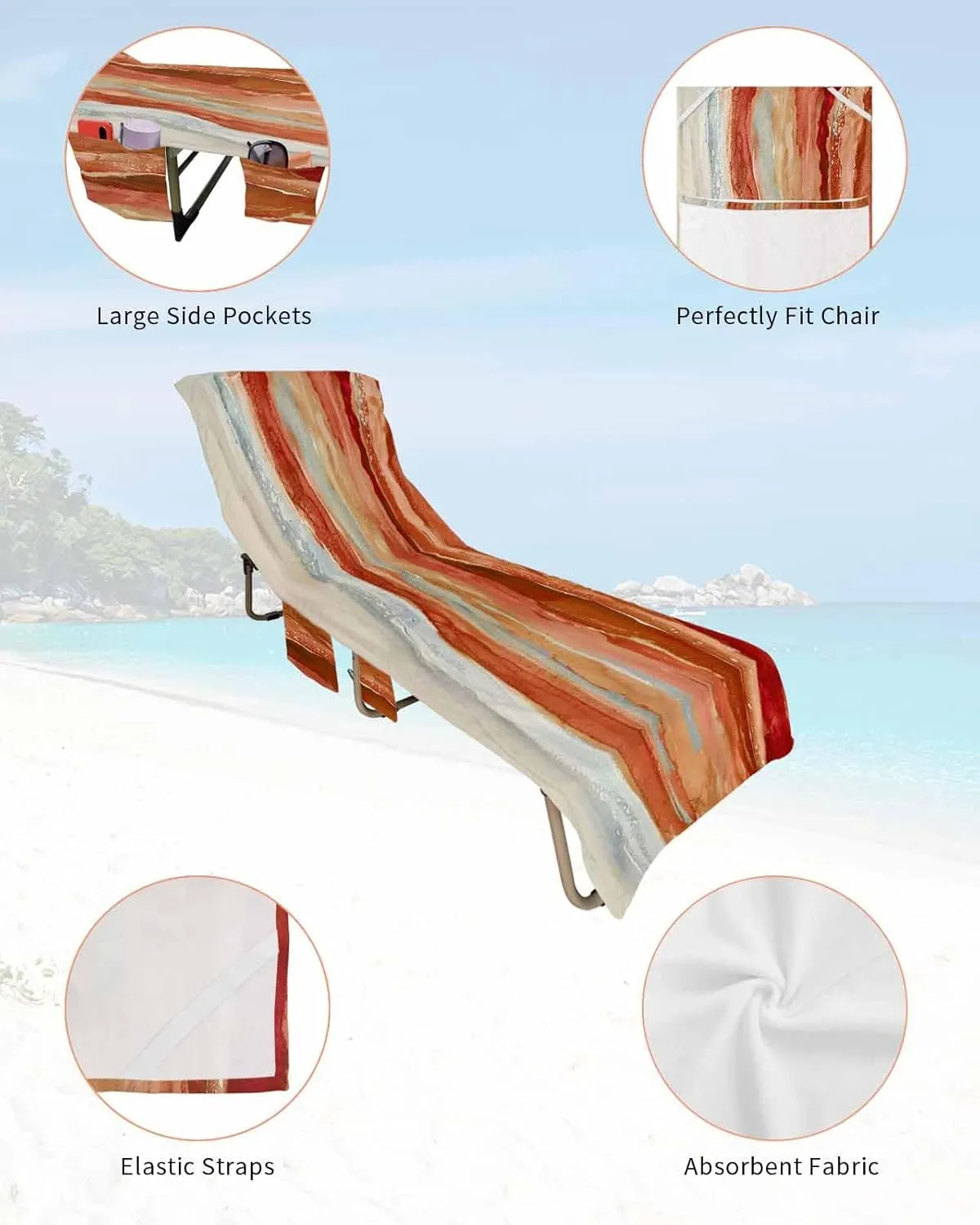 Beach Pool Patio Lounge Chaise Chair Cover Towel with Pockets,Abstract Orange Absorbent & Quick Dry Microfiber Towel Cover Bag Summer Travel Accessories Contemporary Seawave Striped Painting