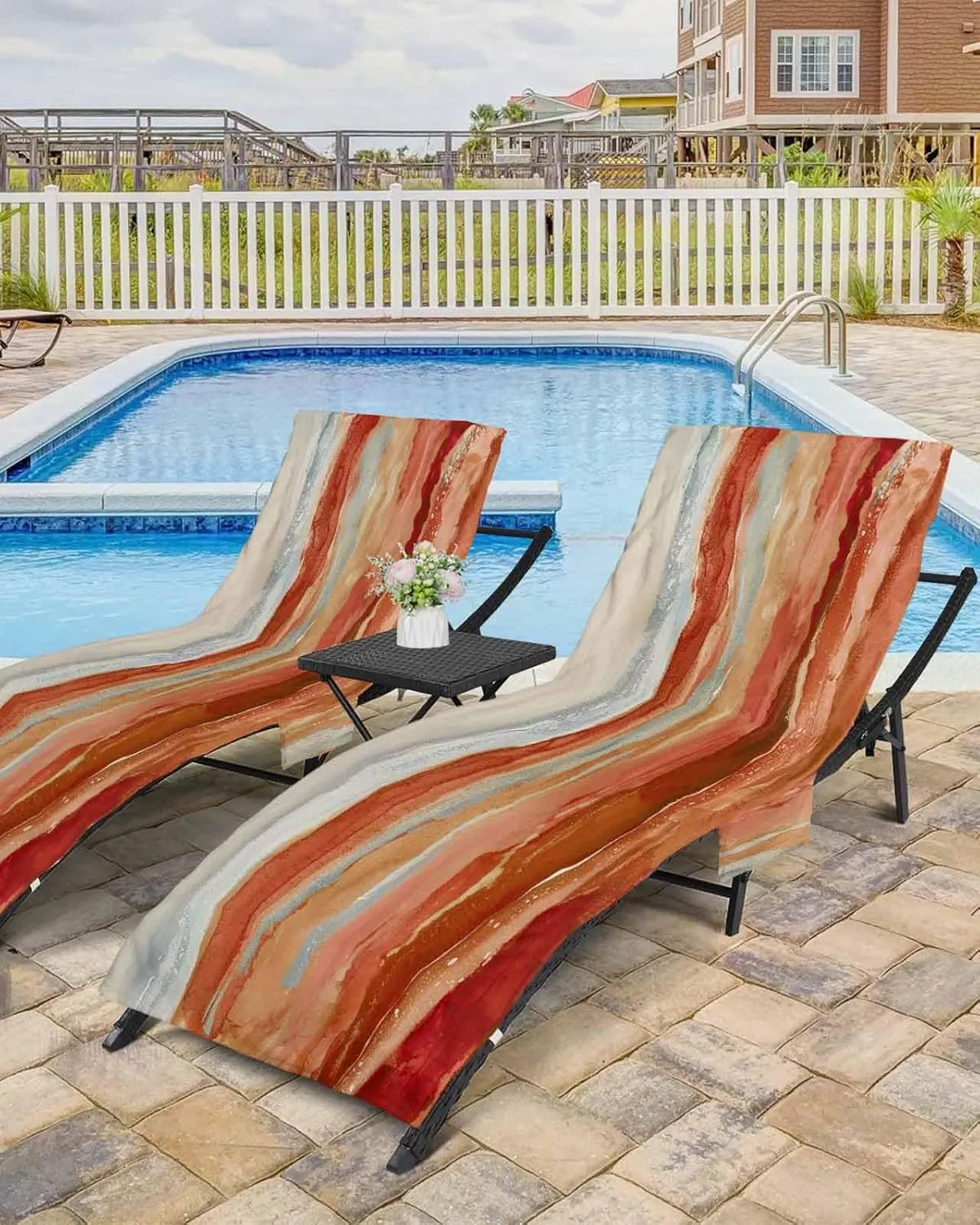Beach Pool Patio Lounge Chaise Chair Cover Towel with Pockets,Abstract Orange Absorbent & Quick Dry Microfiber Towel Cover Bag Summer Travel Accessories Contemporary Seawave Striped Painting