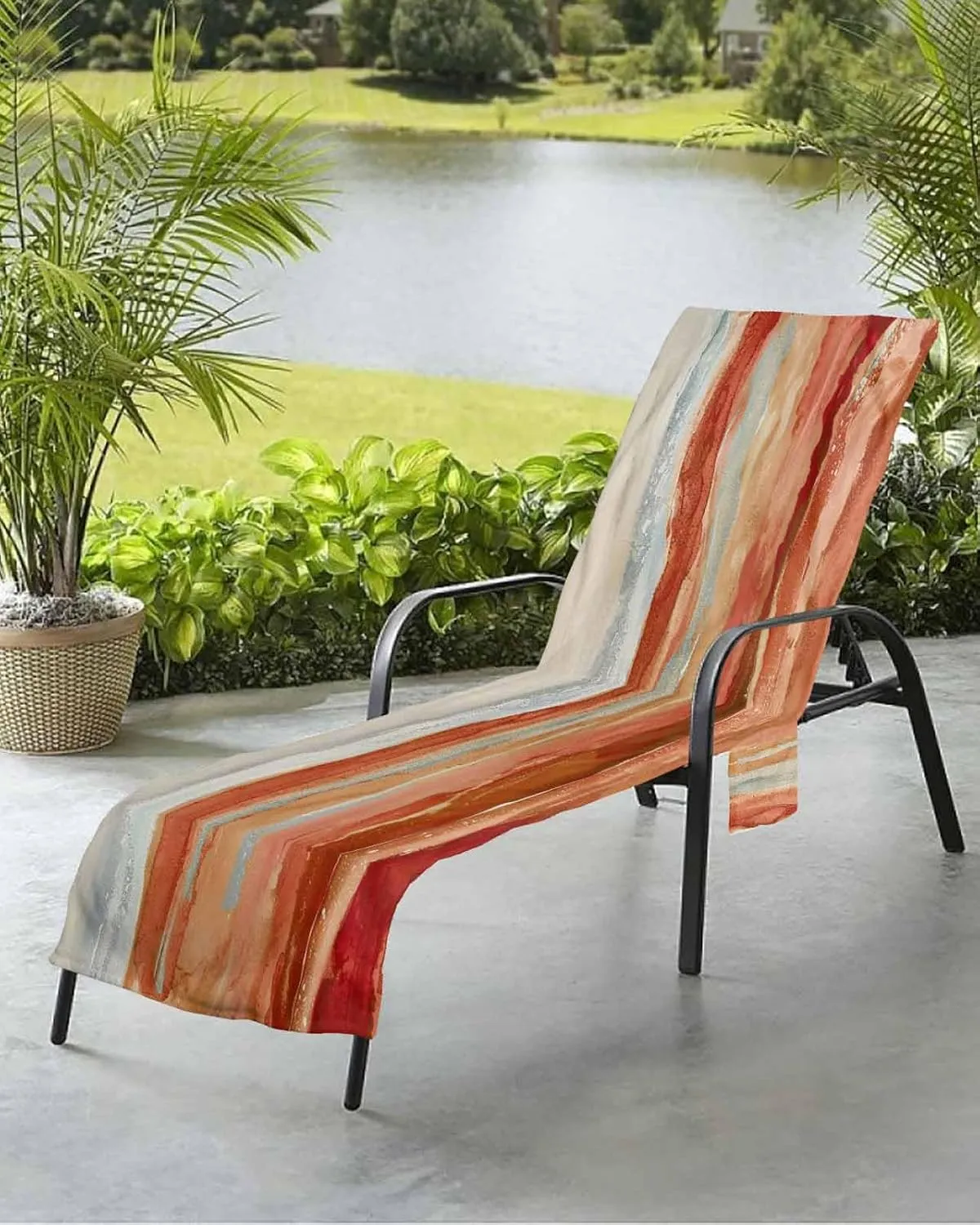 Beach Pool Patio Lounge Chaise Chair Cover Towel with Pockets,Abstract Orange Absorbent & Quick Dry Microfiber Towel Cover Bag Summer Travel Accessories Contemporary Seawave Striped Painting