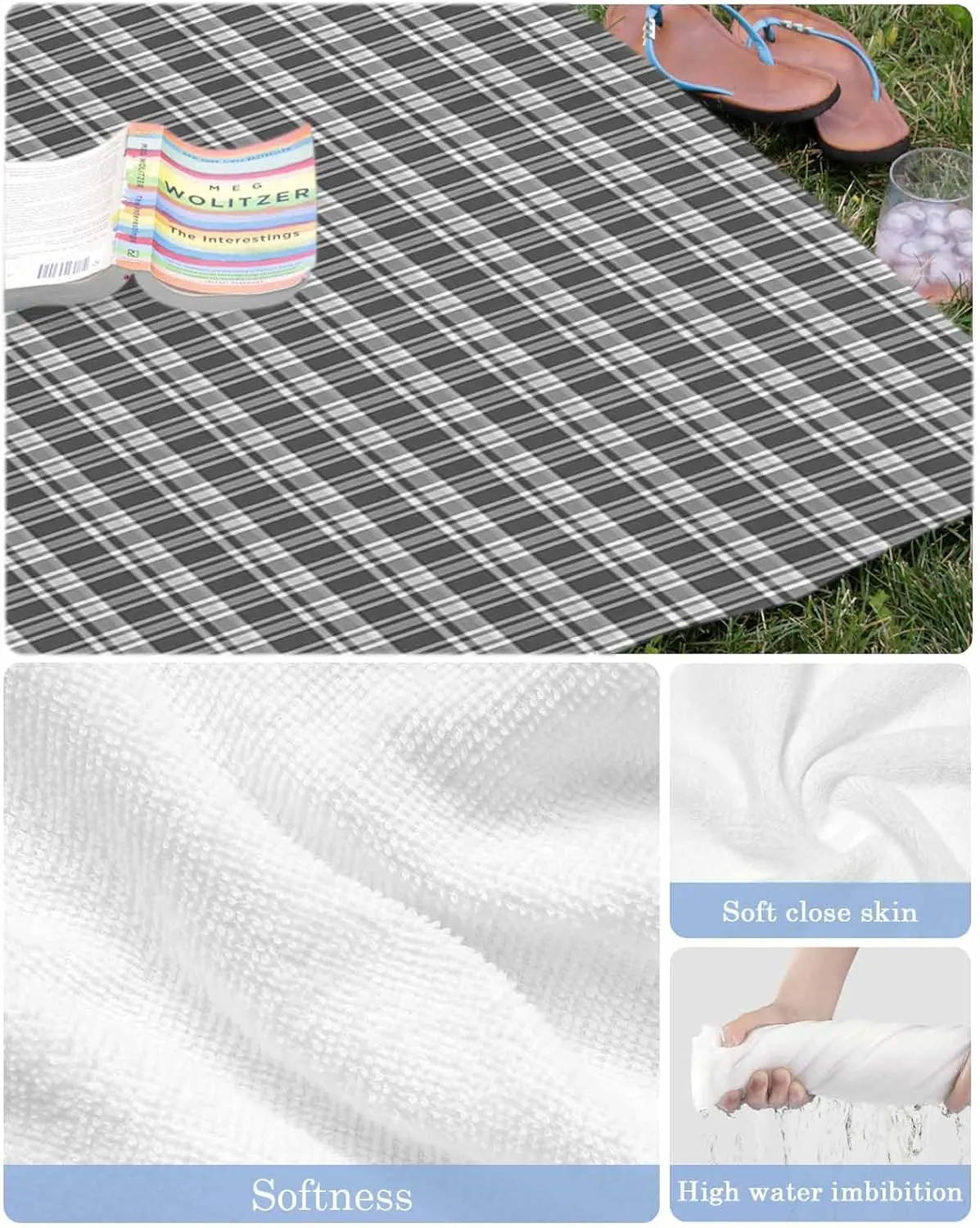 Beach Towel Black Grey Buffalo Plaid Bath Pool Towels Vintage Check Sand Free Blanket Quick Dry Lightweight Travel Blankets for Adults Gifts 30x60in
