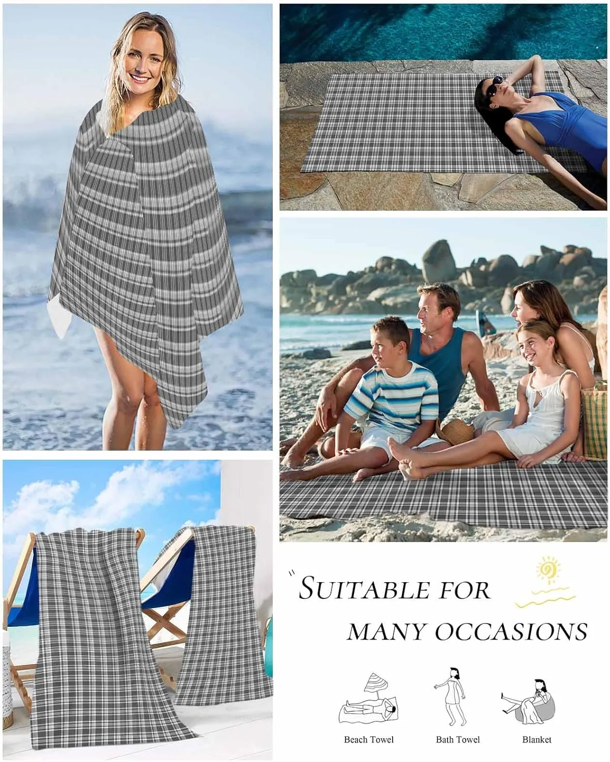 Beach Towel Black Grey Buffalo Plaid Bath Pool Towels Vintage Check Sand Free Blanket Quick Dry Lightweight Travel Blankets for Adults Gifts 30x60in