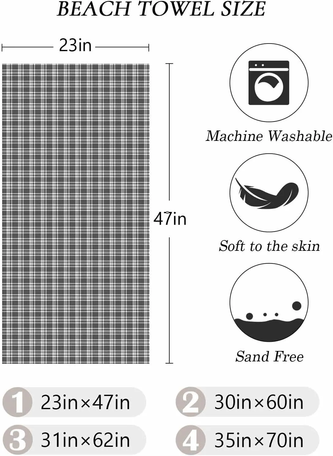 Beach Towel Black Grey Buffalo Plaid Bath Pool Towels Vintage Check Sand Free Blanket Quick Dry Lightweight Travel Blankets for Adults Gifts 30x60in