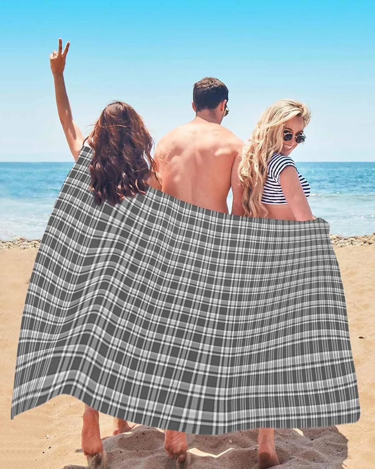 Beach Towel Black Grey Buffalo Plaid Bath Pool Towels Vintage Check Sand Free Blanket Quick Dry Lightweight Travel Blankets for Adults Gifts 30x60in