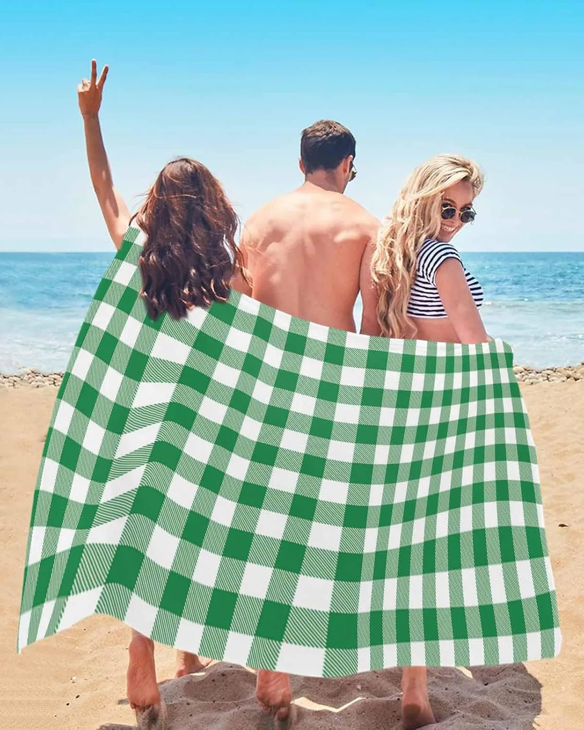 Beach Towel Buffalo Plaid Green Bath Pool Towels Farmhouse Check Sand Free Blanket Quick Dry Lightweight Travel Blankets for Adults Gifts 35x70in