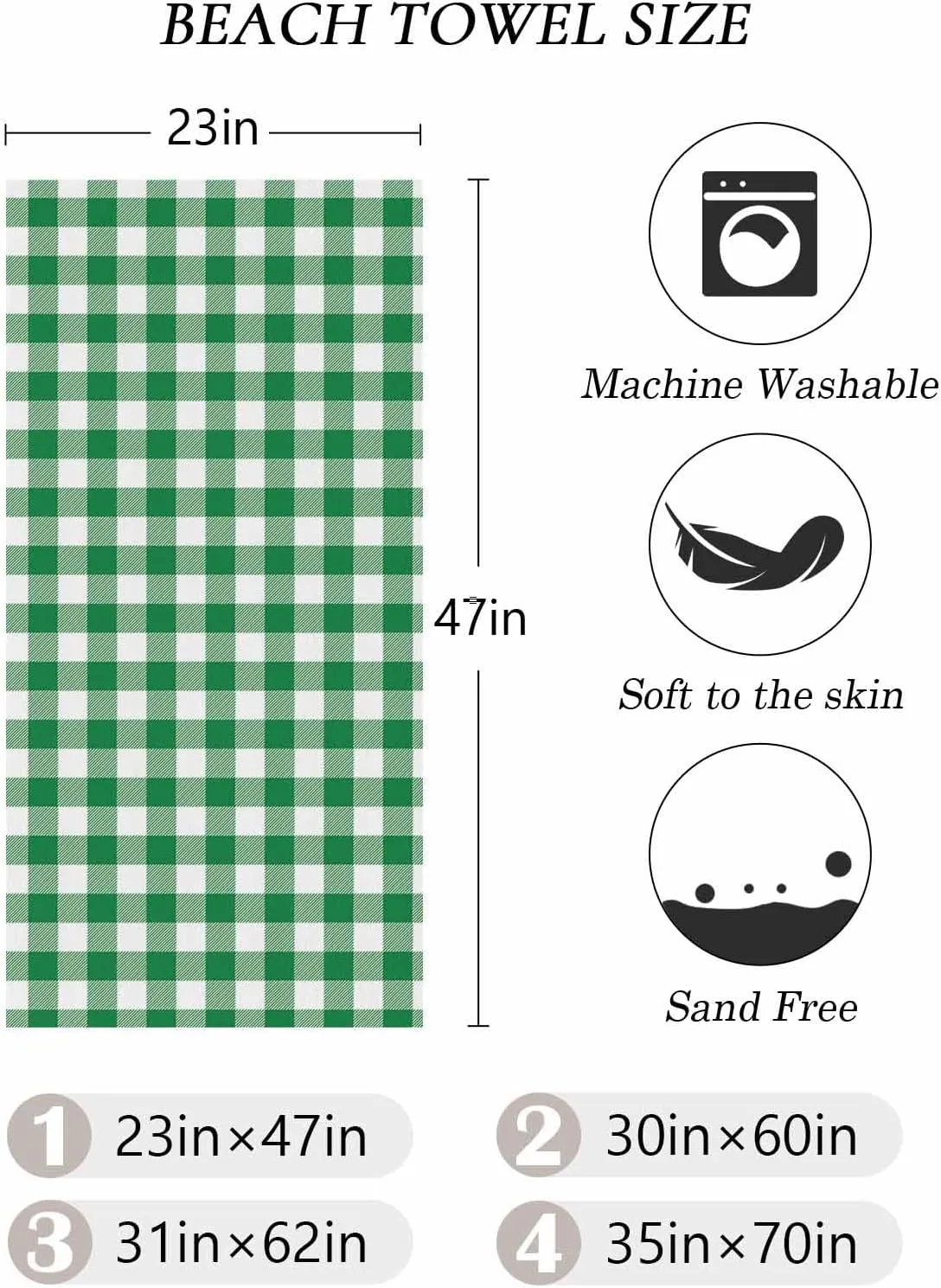 Beach Towel Buffalo Plaid Green Bath Pool Towels Farmhouse Check Sand Free Blanket Quick Dry Lightweight Travel Blankets for Adults Gifts 35x70in