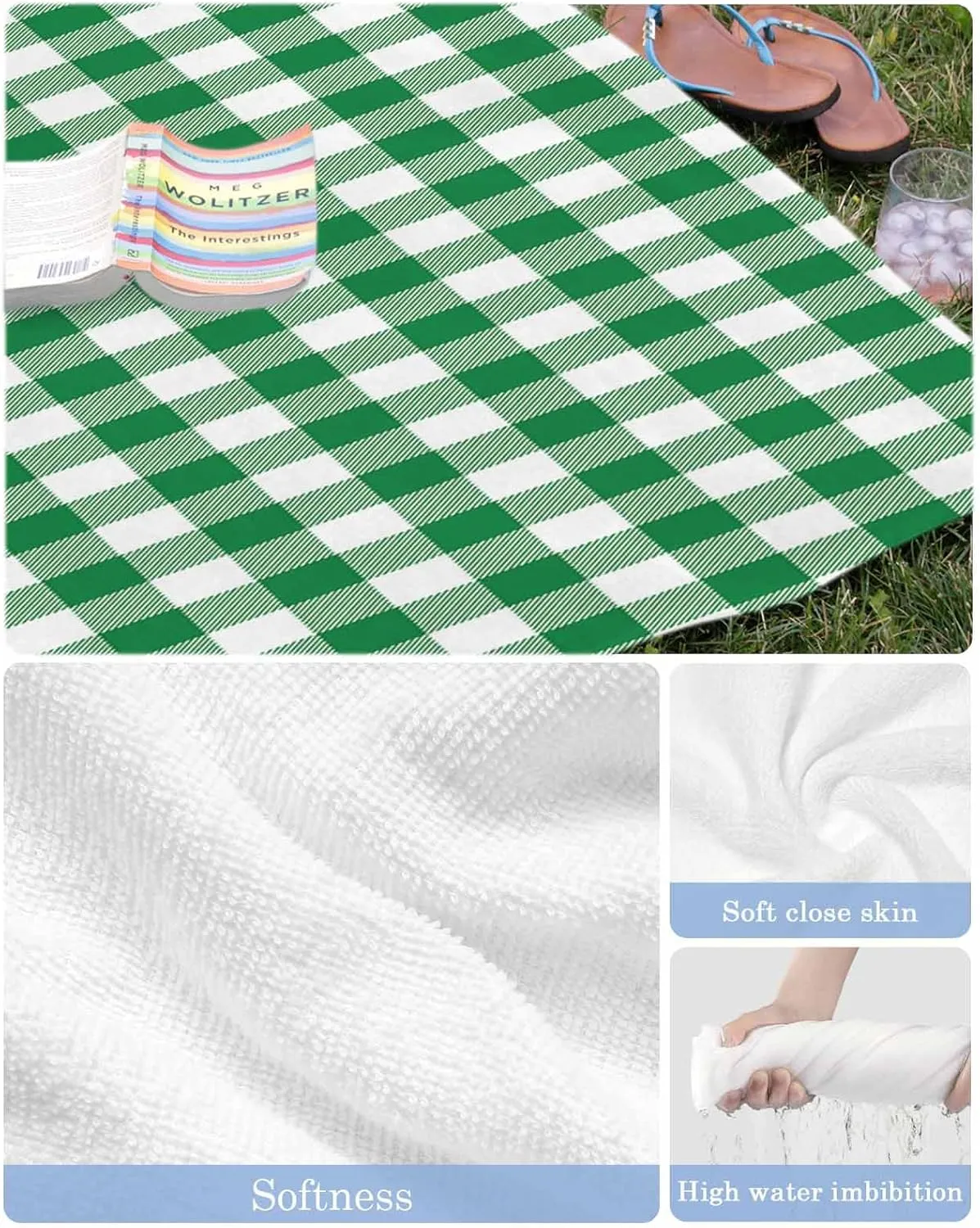 Beach Towel Buffalo Plaid Green Bath Pool Towels Farmhouse Check Sand Free Blanket Quick Dry Lightweight Travel Blankets for Adults Gifts 35x70in
