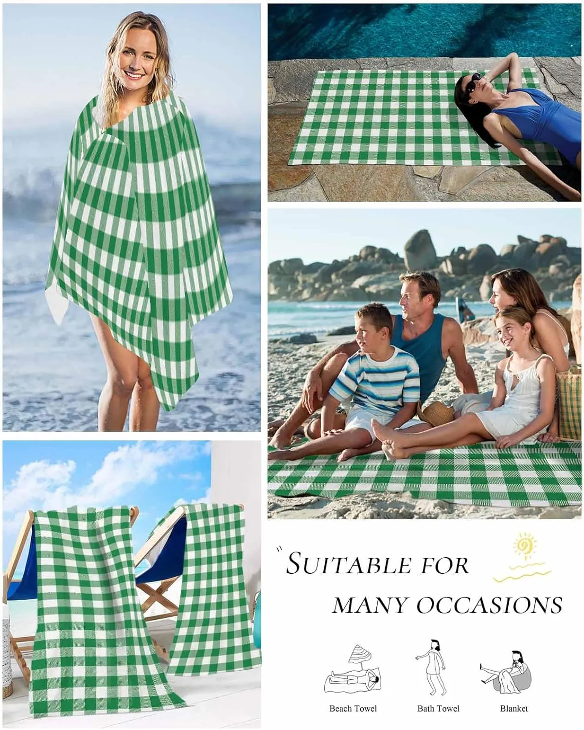 Beach Towel Buffalo Plaid Green Bath Pool Towels Farmhouse Check Sand Free Blanket Quick Dry Lightweight Travel Blankets for Adults Gifts 35x70in