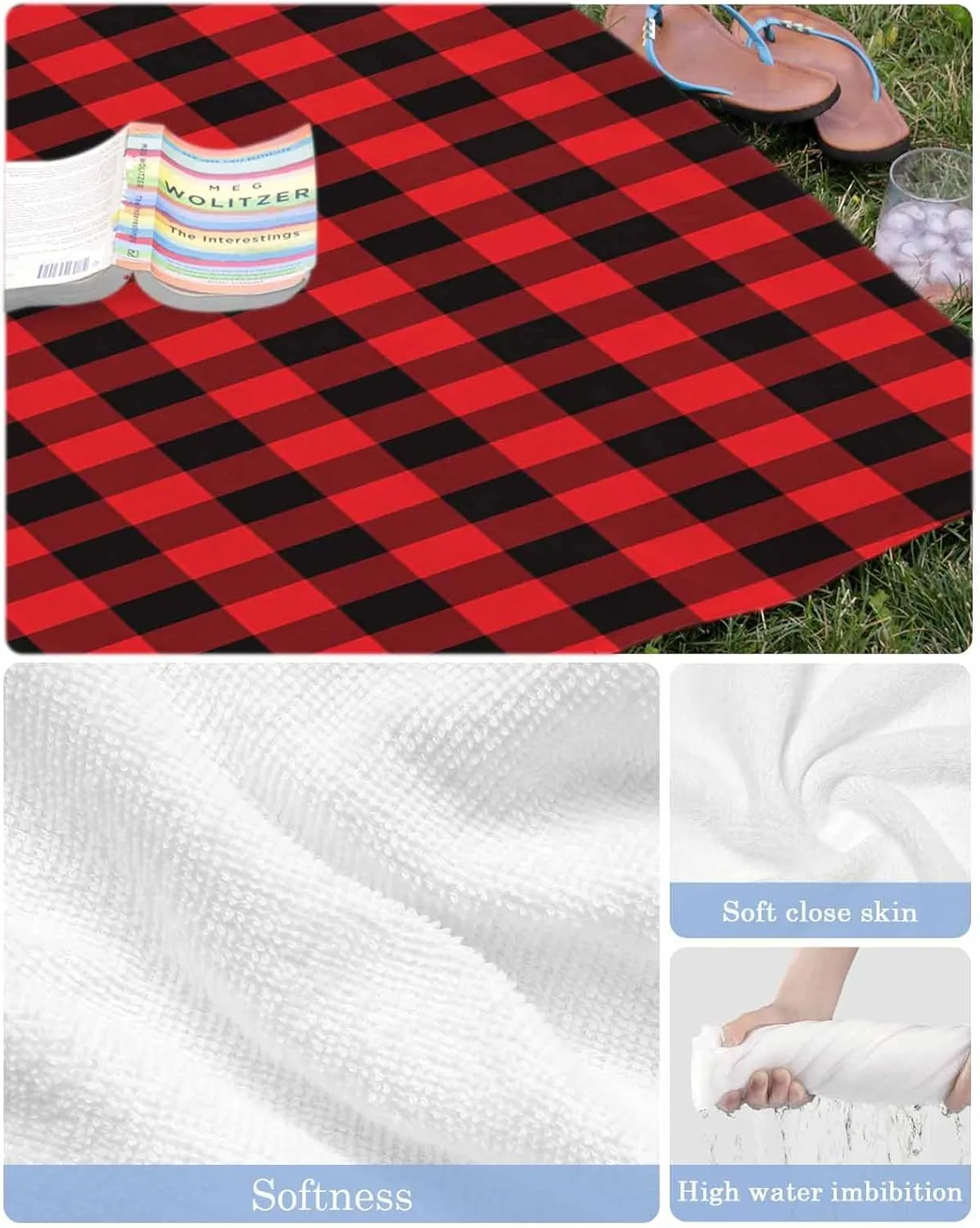 Beach Towel Christmas Buffalo Plaid Bath Pool Towels Red Check Tartan Sand Free Blanket Quick Dry Lightweight Travel Blankets for Adults Gifts 30x60in