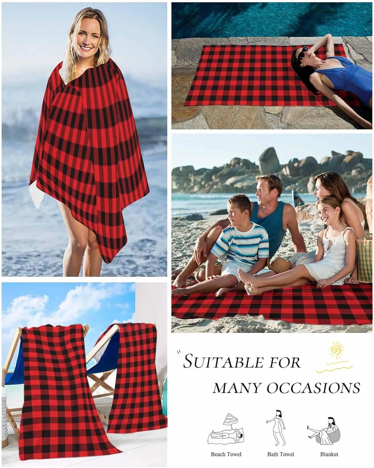 Beach Towel Christmas Buffalo Plaid Bath Pool Towels Red Check Tartan Sand Free Blanket Quick Dry Lightweight Travel Blankets for Adults Gifts 30x60in
