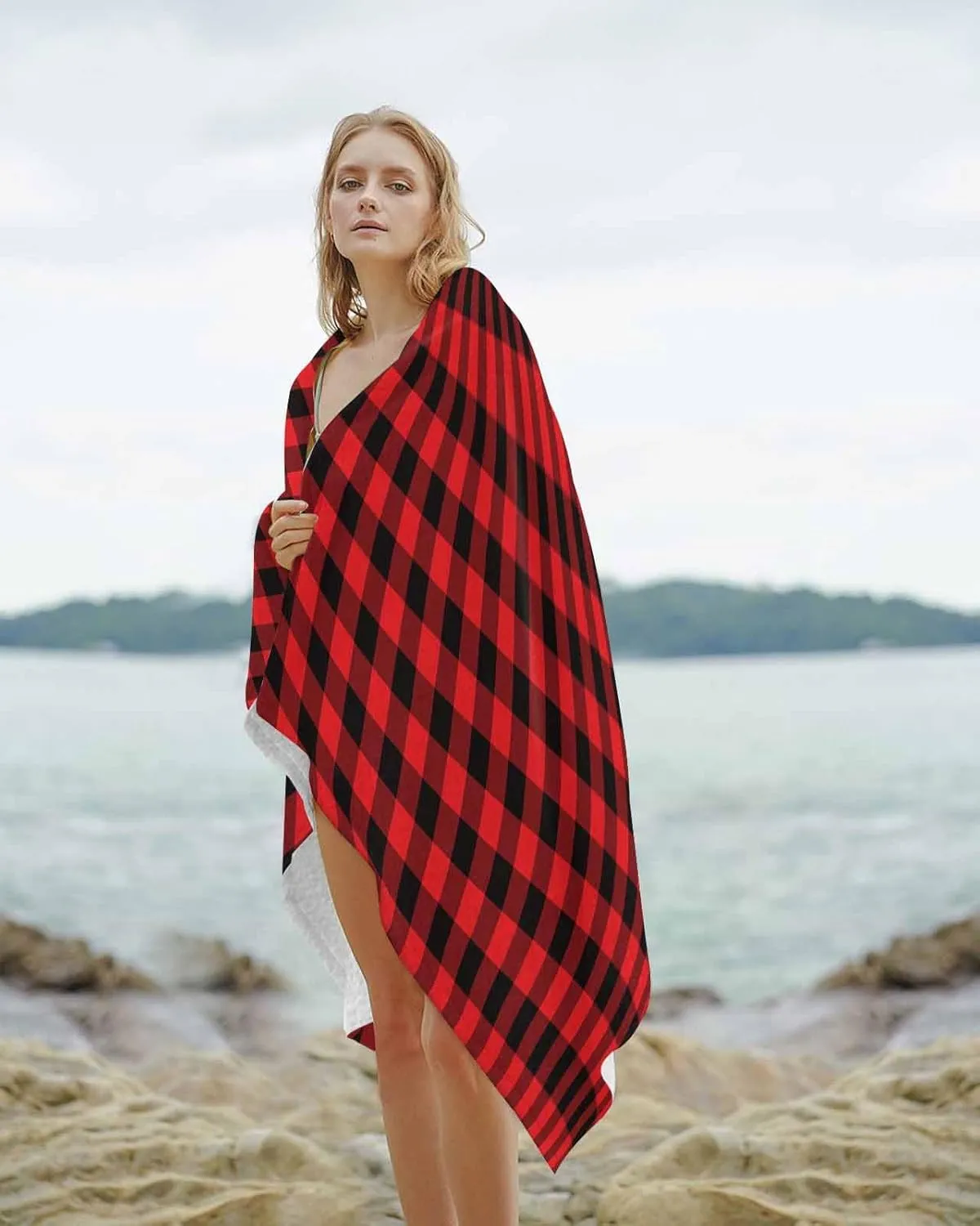 Beach Towel Christmas Buffalo Plaid Bath Pool Towels Red Check Tartan Sand Free Blanket Quick Dry Lightweight Travel Blankets for Adults Gifts 30x60in
