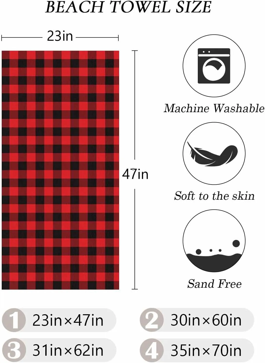 Beach Towel Christmas Buffalo Plaid Bath Pool Towels Red Check Tartan Sand Free Blanket Quick Dry Lightweight Travel Blankets for Adults Gifts 30x60in