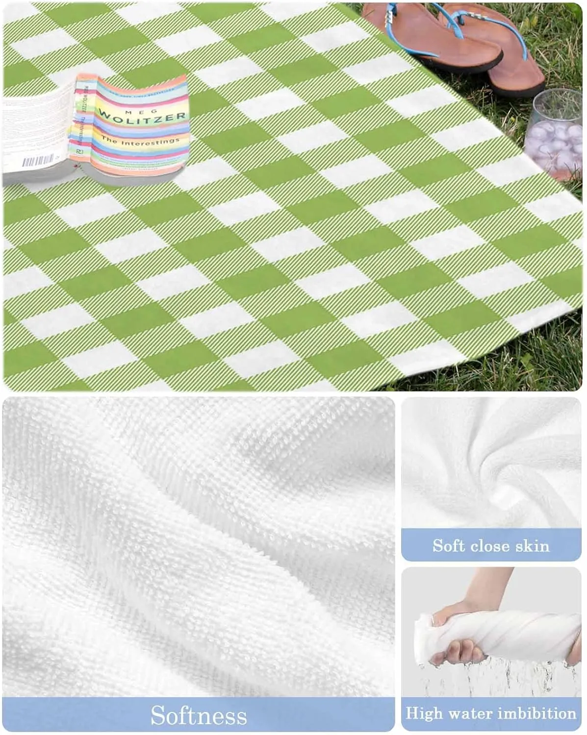 Beach Towel Farmhouse Buffalo Plaid Green Bath Pool Towels Check Country Sand Free Blanket Quick Dry Lightweight Travel Blankets for Adults Gifts 35x70in