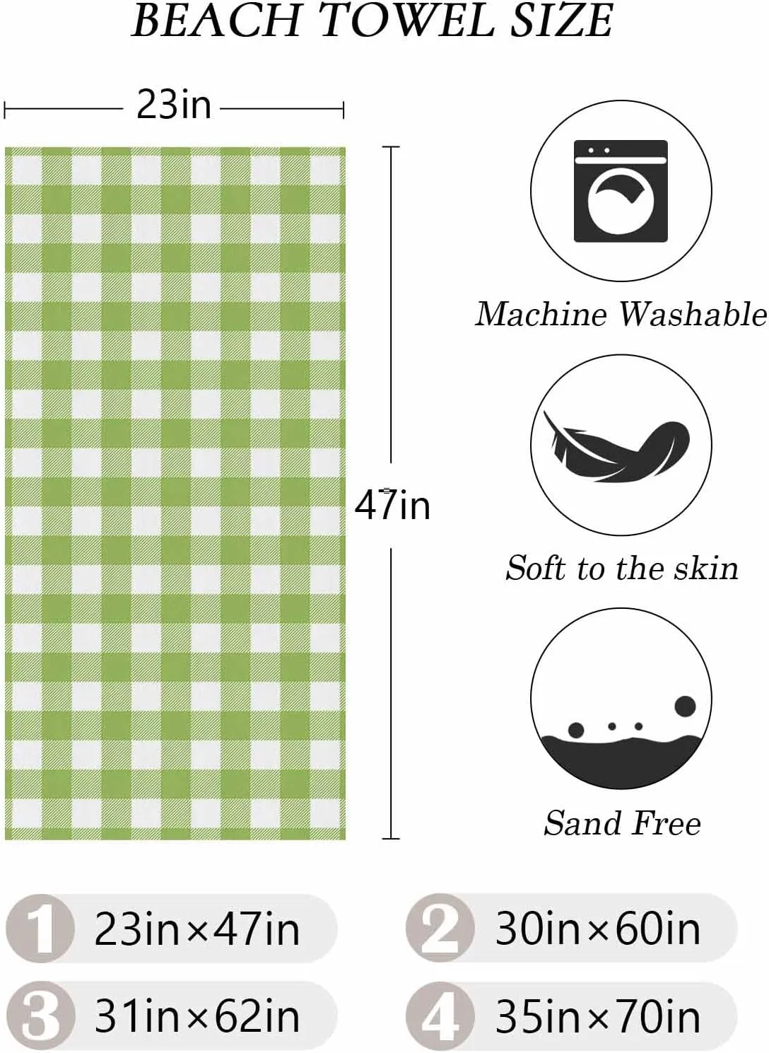Beach Towel Farmhouse Buffalo Plaid Green Bath Pool Towels Check Country Sand Free Blanket Quick Dry Lightweight Travel Blankets for Adults Gifts 35x70in