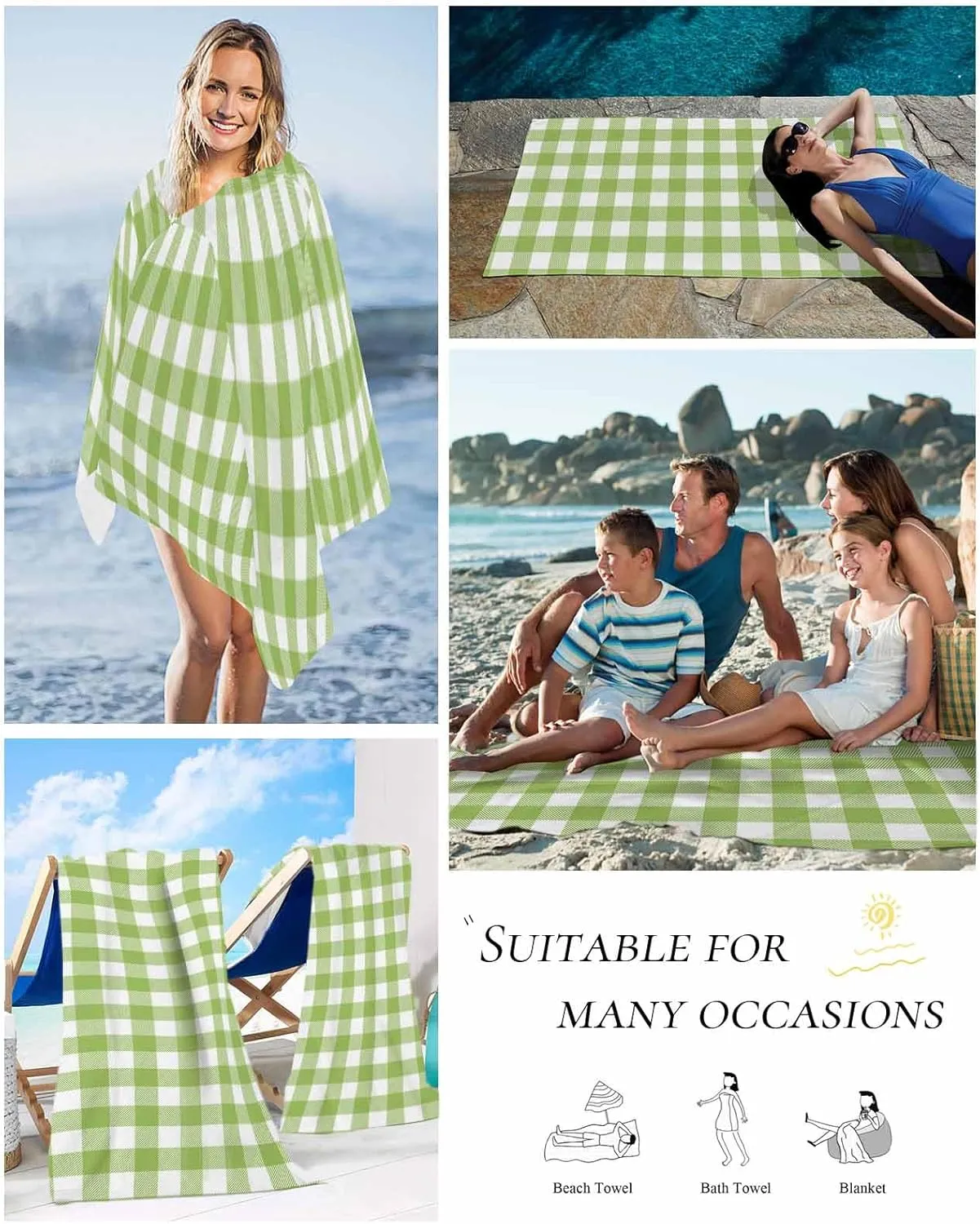 Beach Towel Farmhouse Buffalo Plaid Green Bath Pool Towels Check Country Sand Free Blanket Quick Dry Lightweight Travel Blankets for Adults Gifts 35x70in