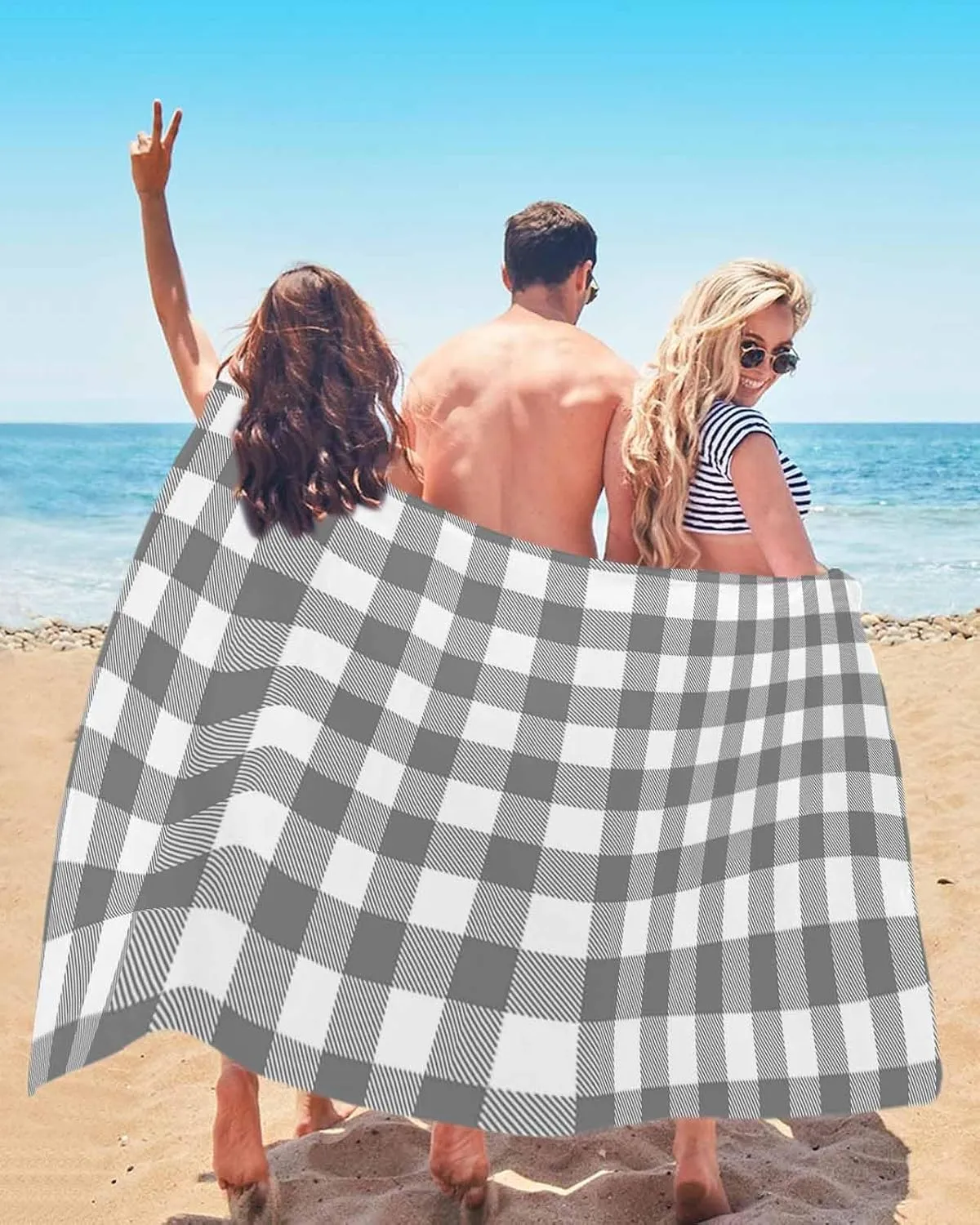 Beach Towel Gray Check Plaid Bath Pool Towels Geometric Grey White Sand Free Blanket Quick Dry Lightweight Travel Blankets for Adults Gifts 23x47in