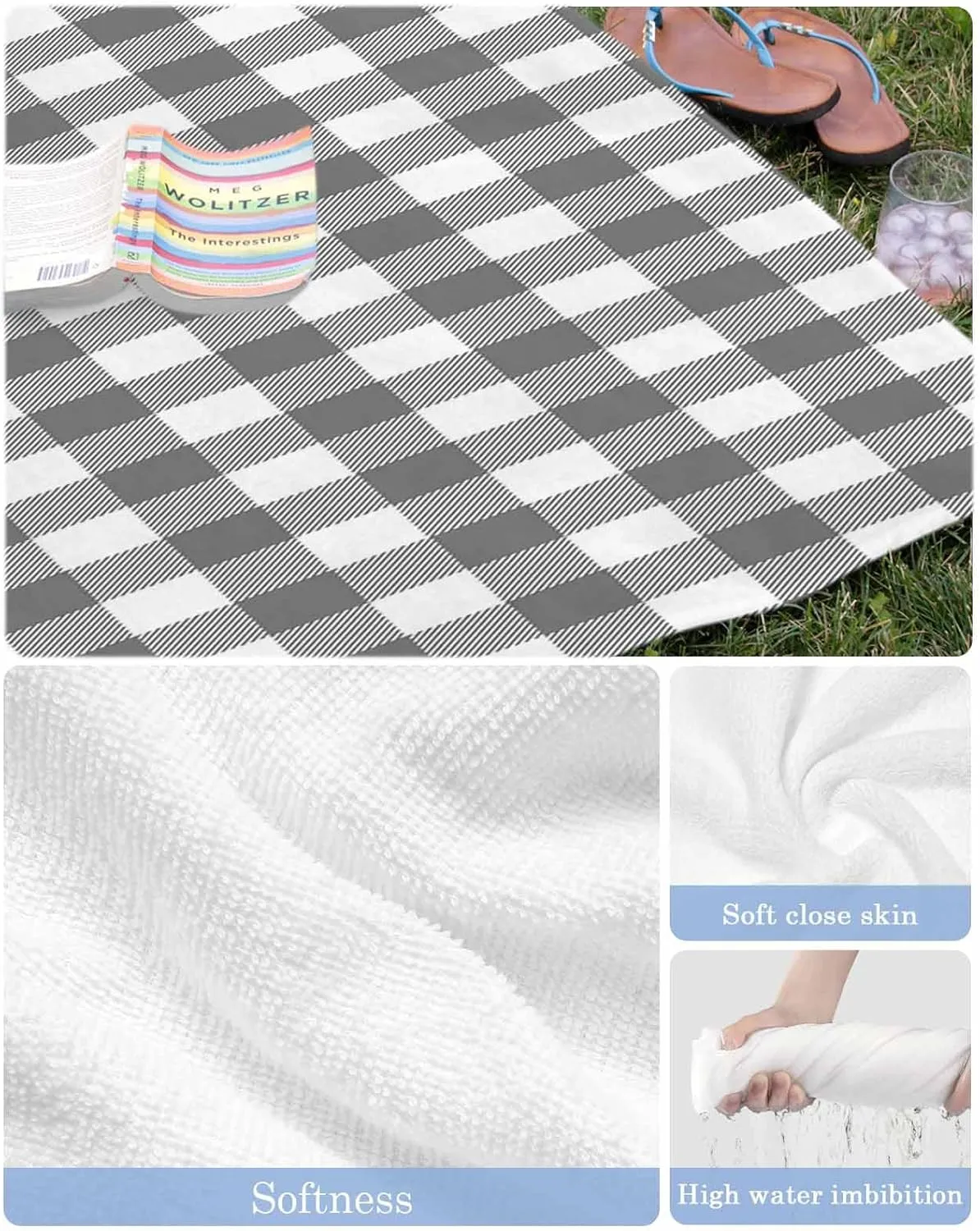 Beach Towel Gray Check Plaid Bath Pool Towels Geometric Grey White Sand Free Blanket Quick Dry Lightweight Travel Blankets for Adults Gifts 23x47in