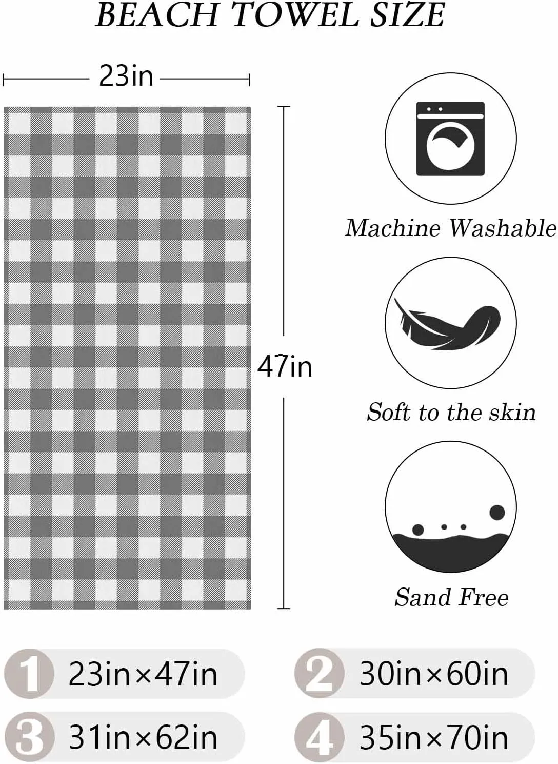 Beach Towel Gray Check Plaid Bath Pool Towels Geometric Grey White Sand Free Blanket Quick Dry Lightweight Travel Blankets for Adults Gifts 23x47in