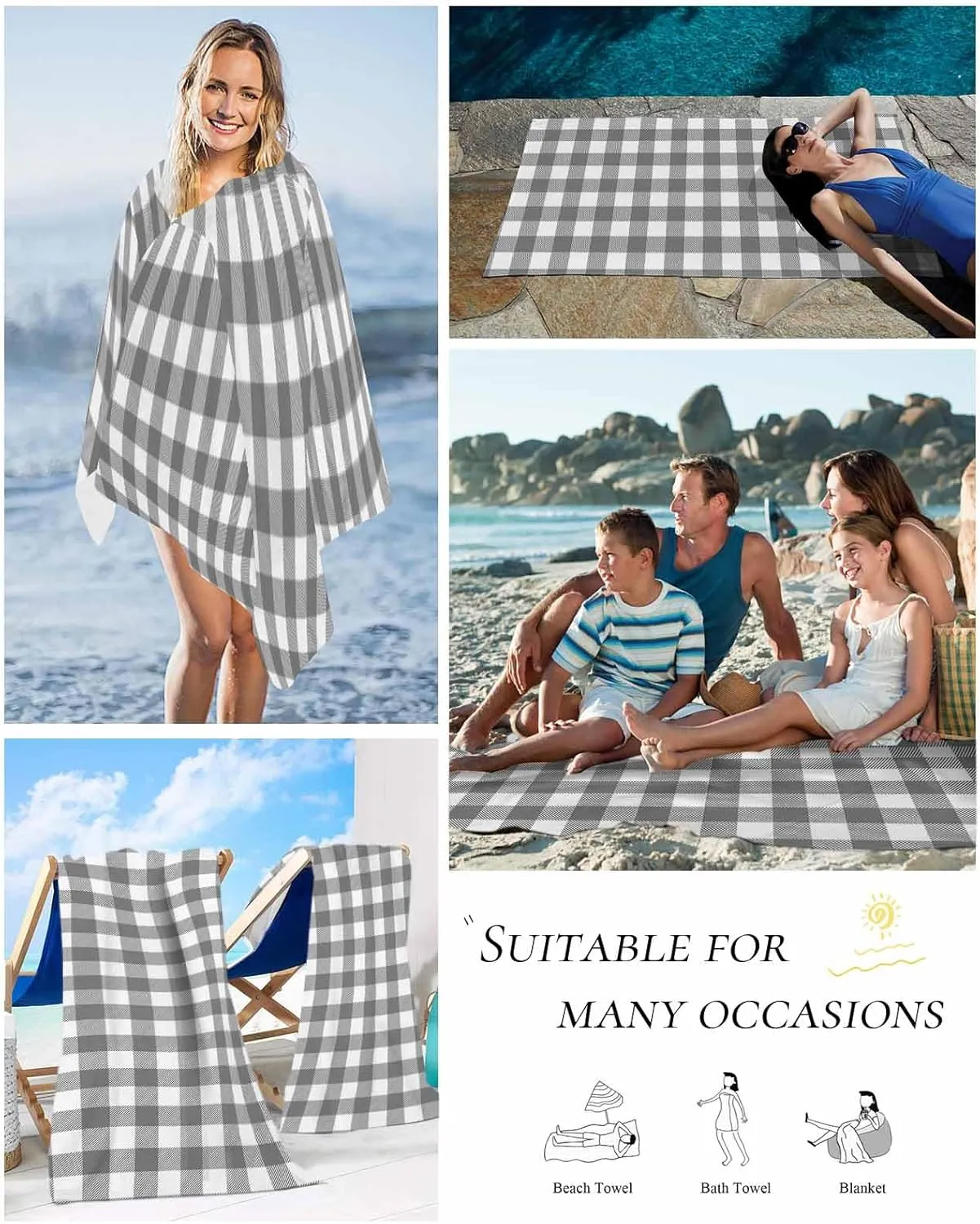 Beach Towel Gray Check Plaid Bath Pool Towels Geometric Grey White Sand Free Blanket Quick Dry Lightweight Travel Blankets for Adults Gifts 23x47in
